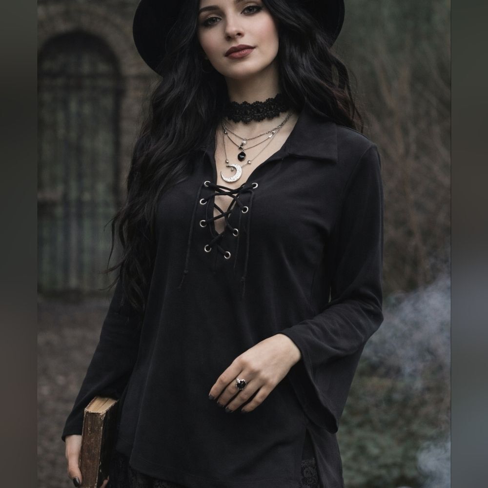 Vtg Black Lace Up Tunic Top L Acetate Goth Witchcore Medievalcore Renaissance Pi